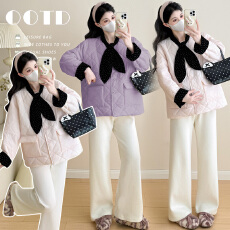 批发实拍现~孕妇装冬装新款菱格棉服蝴蝶结领棉服外套