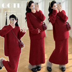 实拍现~孕妇装超好看减龄套装2025气质红色针织半身裙小香风套装