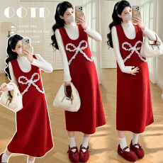 批发实拍现~孕妇秋冬2026时尚套装背带裙叠穿背心裙+打底衫两件套