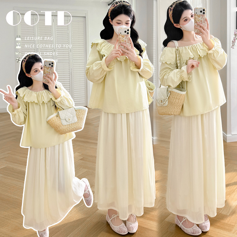 실사 지금 2026 봄 새로운 달콤함 망사 치마 루즈핏 임산부 맨위 복부 지지 반신 치마 세트