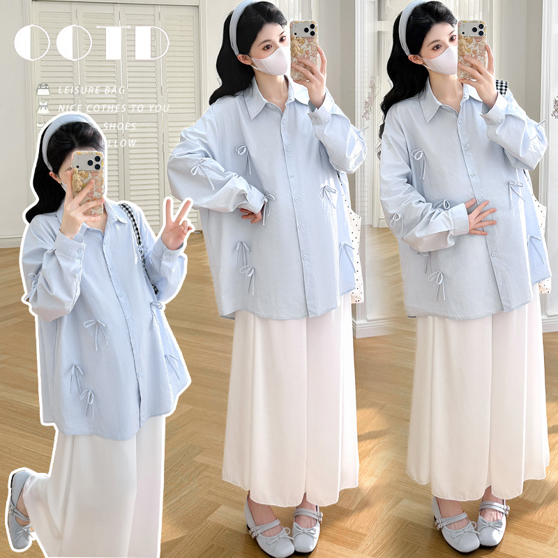 실사 지금 2026 새로운 출산 착용 봄 가을 긴팔 중간 길이 셔츠 패션 트렌디 엄마 맨위 투피스 세트