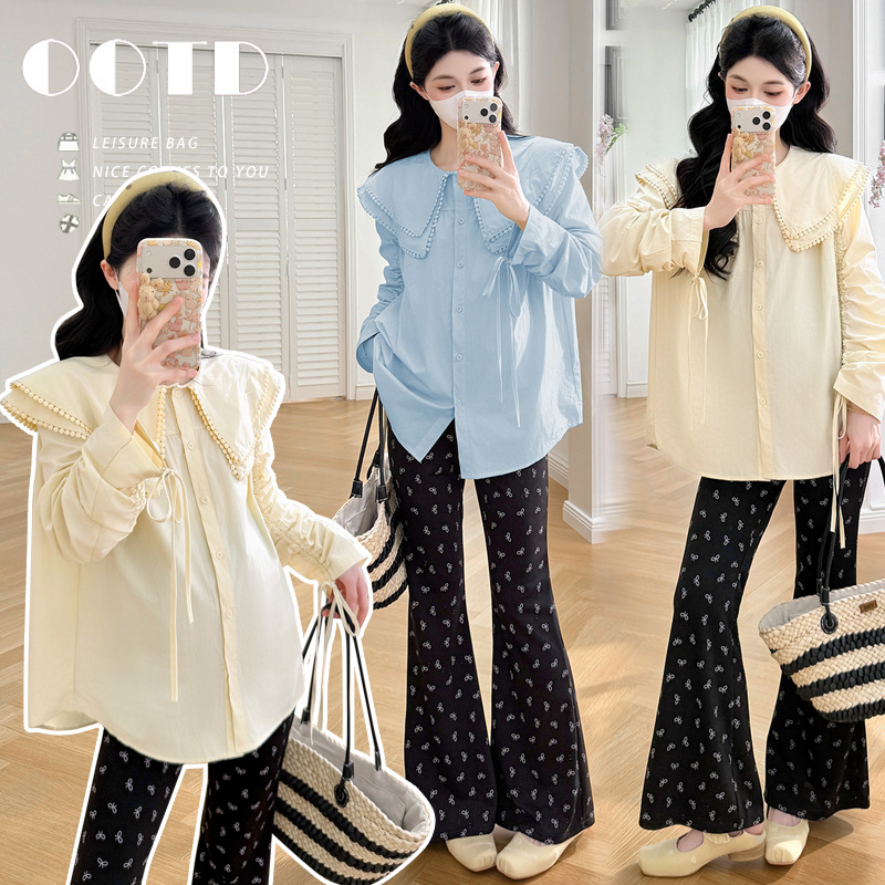 실사 지금 조기 봄 새로운 2026 패션 외국 가스 폴로 칼라 맨위 도트 무늬 나팔 바지 투피스 세트 출산 착용