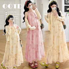 批发实拍现~2026新款孕妇装<b class='q'>春</b>夏装碎花减龄挂脖连衣裙+开衫两件套