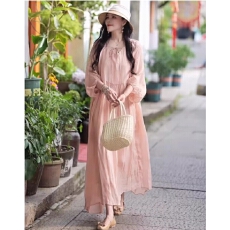 批发2026春季新款宽松简约文艺风双层领口系带显瘦七分袖<b class='q'>纯棉</b><b class='q'>连衣裙</b>女