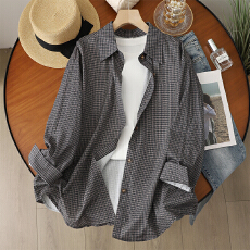 批发实拍2026<b class='q'>春</b>季新款日系复古翻领格子衬衫男女宽松纯棉长袖上衣中性