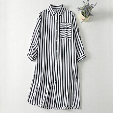 实拍2026春季新款条纹衬衫裙中长款宽松POLO领显瘦百搭长袖连衣裙