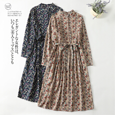 批发实拍2026春季新款复古碎花中长款荷叶领系带收腰显瘦纯棉连衣裙女