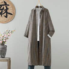 批发实拍2026春季新款复古长款POLO领单排扣<b class='q'>条纹</b>薄外套百搭棉麻衬衫裙