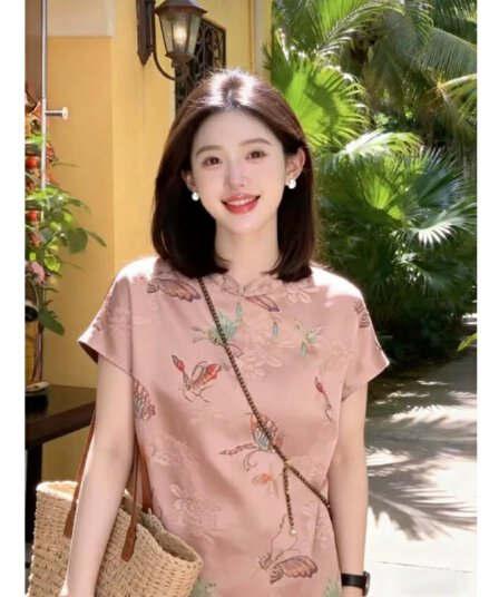2026 여름 새로운 패션 다용도 새로운 중식 국풍 비스듬한 襟 스탠드 칼라 품격 연령 감소 순면 반팔 맨위 여성