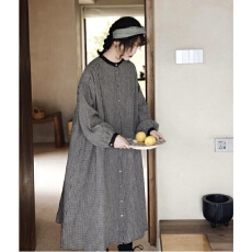 批发日系女装娃娃裙森系褶皱格子连衣裙<b class='q'>甜美</b>可爱文艺复古森女风排扣裙