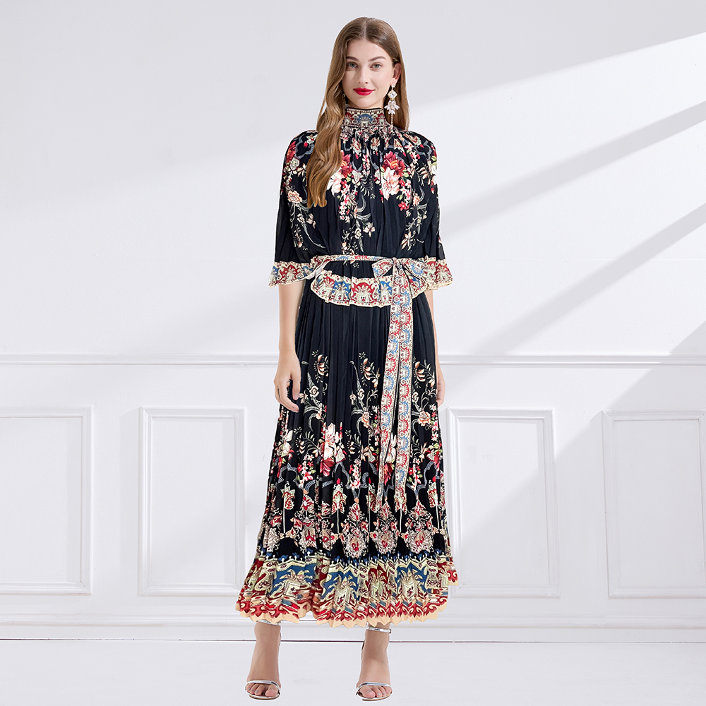 BY9191#度假风夏款雪纺立领印花百褶系带荷叶边长裙