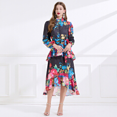 批发NATALIYA  2025早秋立领灯笼袖花卉印花高级感双层荷叶边<b class='q'>长裙</b>
