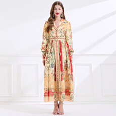 批发NATALIYA   2025秋季宫廷风成衣翻领<b class='q'>亚麻</b>复古印花长款连衣裙