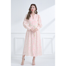 批发NATALIYA 2026早春度假风V领<b class='q'>绣花</b>重工蕾丝灯笼袖系带收腰<b class='q'>连衣裙</b>