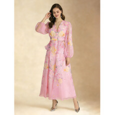 批发NATALIYA 2026春夏季成衣粉色花卉印花飘逸风格两件套荷叶边裙