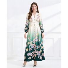 批发NATALIYA 2026早春复古印花V领渐变灯笼袖收腰荷叶边裙