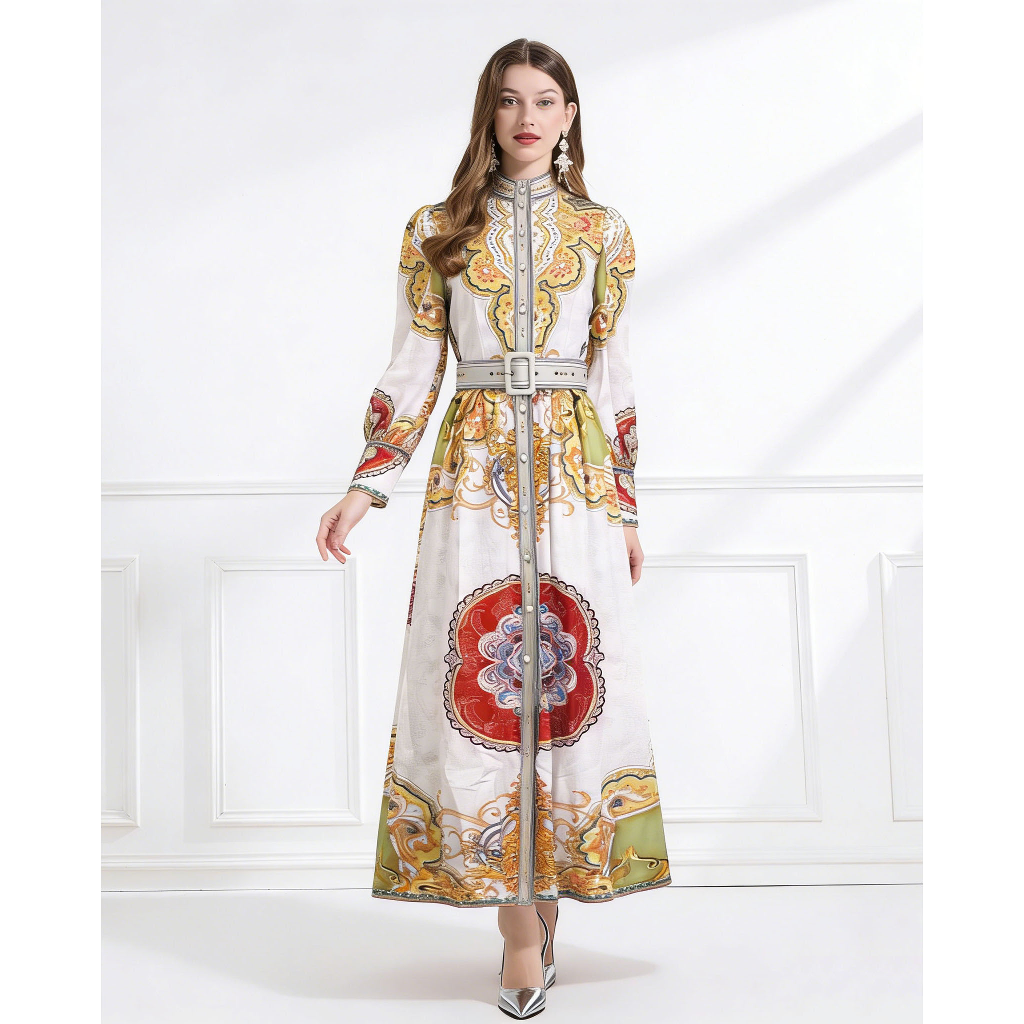 RY1585# NATALIYA 2026复古新款成衣立领单排扣灯笼袖收腰荷叶边裙