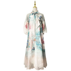 批发NATALIYA  2026早春度假风飘逸风格蝴蝶结系带丝麻<b class='q'>印花</b>连衣长裙