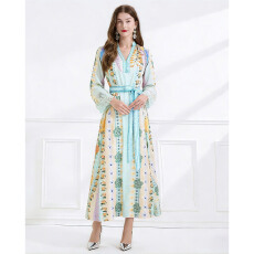 批发NATALIYA 2026度假风蕾丝拼接优雅<b class='q'>印花</b>亚麻系带收腰<b class='q'>连衣裙</b>