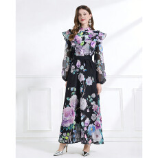 批发NATALIYA 2026春夏季成衣彩色花卉<b class='q'>印花</b>飘逸风格两件套荷叶边裙