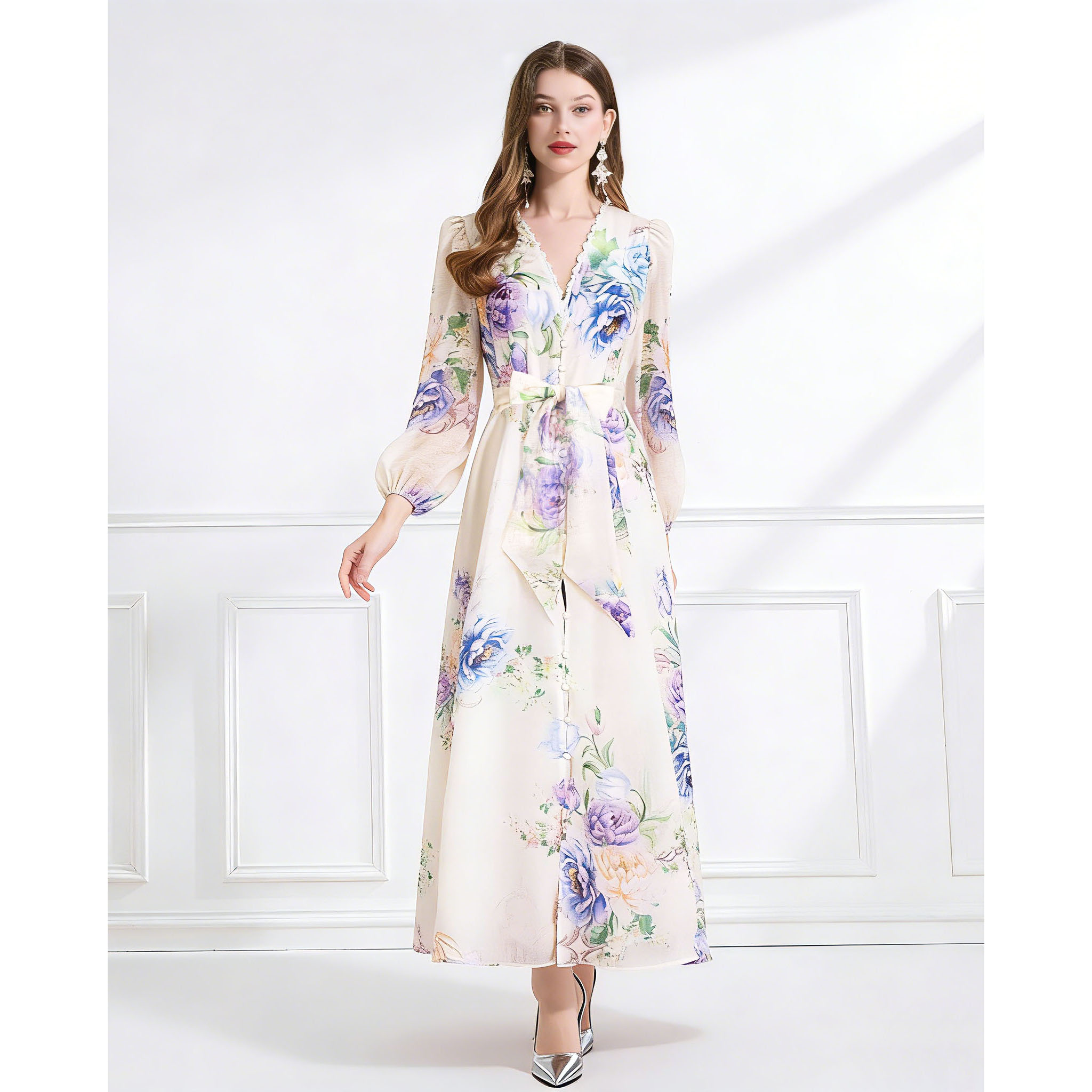 RY613# NATALIYA 2026早春优雅单排扣蕾丝花边V领重工系带丝麻连衣裙