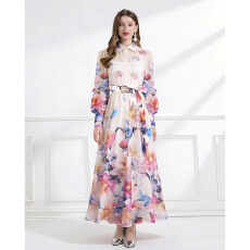 批发NATALIYA 2026年度假风飘逸风格花卉图案系带收腰<b class='q'>连衣裙</b>-送<b class='q'>吊带</b>