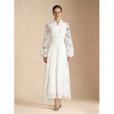 批发NATALIYA 2026早春度假风V领落肩<b class='q'>灯笼</b>袖重工蕾丝飘逸风格连衣<b class='q'>裙</b>