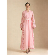 批发NATALIYA 2026早春度假风V领落肩<b class='q'>灯笼</b>袖重工蕾丝飘逸风格连衣<b class='q'>裙</b>