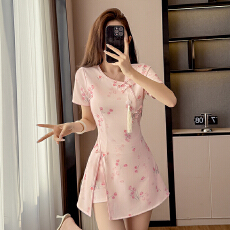 批发实拍印花弹力改良旗袍新款温柔年轻款<b class='q'>气质</b>高端少女连衣裙套装