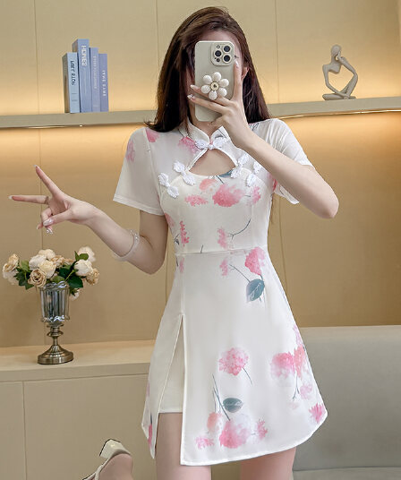 실사 새로운 소녀 국풍 고급 센스 망사 드레스 치파오 몸매 가꾸기 타이트 스커트 점프 슈트 치마 세트