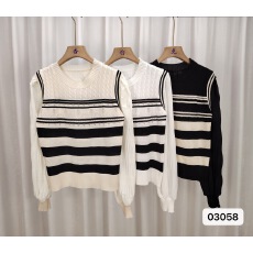 批发2025秋冬女装<b class='q'>泡泡袖</b>针织衫时尚雪纺拼接设计感直身圆领假两件毛衣