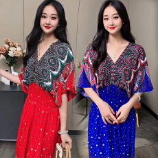 批发民族风V领棉绸短袖法式泰国风连衣裙女夏印花田园风裙子度假穿搭