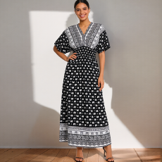 批发跨境波西米亚碎花长裙V领蝙蝠袖印花连衣裙人棉绸高腰沙滩裙子女