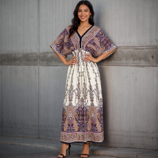 批发东南亚波西米亚V领棉绸A字裙泰国旅游<b class='q'>蝙蝠</b>袖<b class='q'>连衣裙</b>印花度假碎花裙