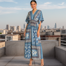 批发夏季跨境波西米亚碎花长裙V领五分袖<b class='q'>连衣裙</b>人棉绸高腰沙滩裙子女