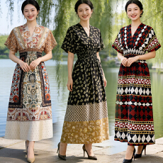 批发26年新款V领数码印花<b class='q'>连衣裙</b>高腰<b class='q'>蝙蝠</b>袖茶歇裙东南亚人棉绸沙滩裙