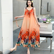 批发夏季圆领无袖背心<b class='q'>孕妇</b><b class='q'>裙子</b>波西米亚碎花长裙宽松大码胖女孩连衣裙