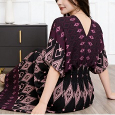 批发跨境民族风V领棉绸短袖沙滩裙旅游度假<b class='q'>连衣裙</b>夏印花碎花A字大摆裙