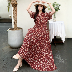 批发跨境显瘦棉绸碎花连衣裙波西米亚松紧腰沙滩旅游微胖孕妇<b class='q'>夏</b>长裙子