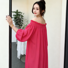 批发跨境夏季波西米亚<b class='q'>连衣裙</b>纯色人棉绸沙滩裙宽松裙一字肩九分袖长裙