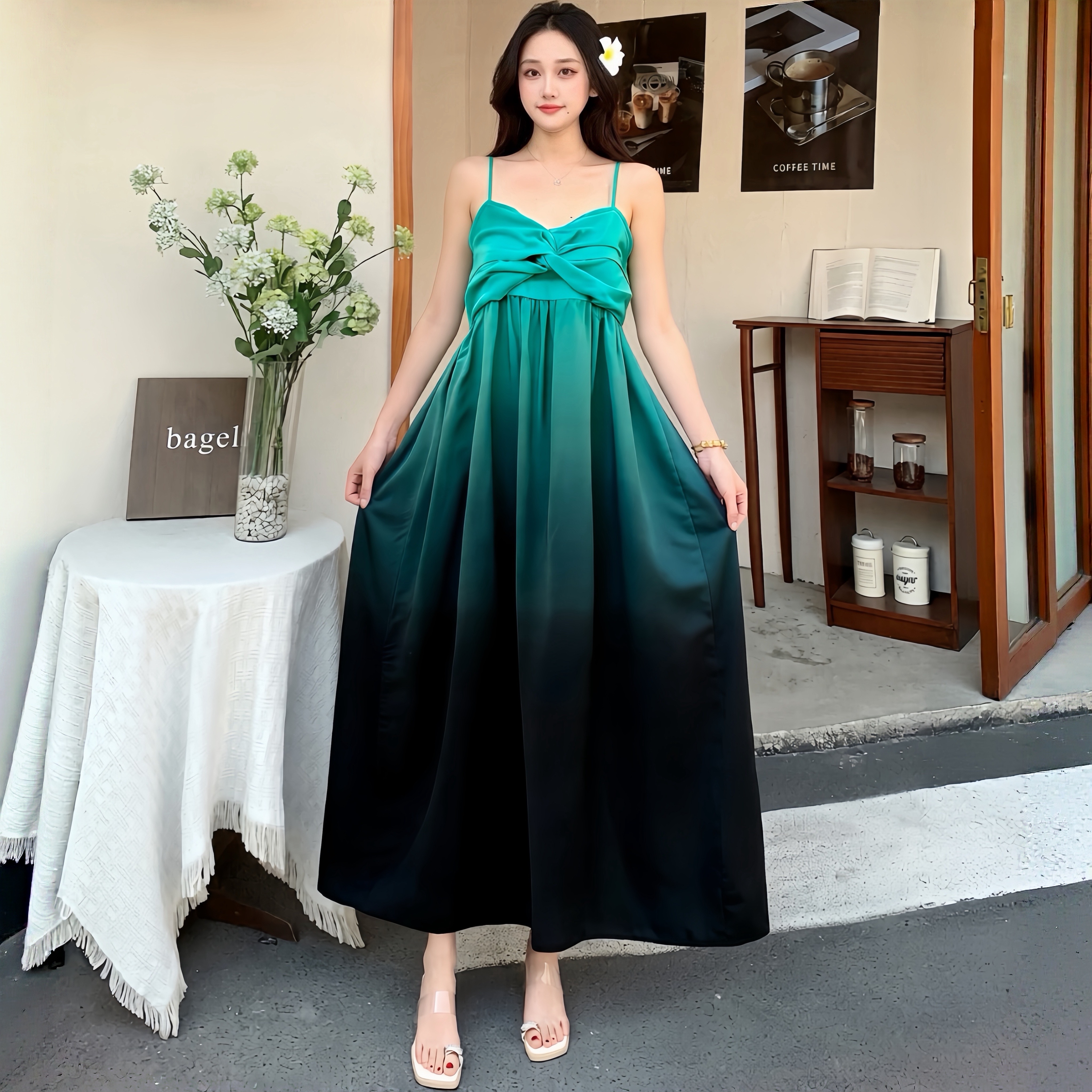 국경 간 여름 그라데이션 색상 슬립 드레스 동남아시아 사람들 면 실크 빅 플레어 스커트 해변가 휴가 보헤미안 길다 치마