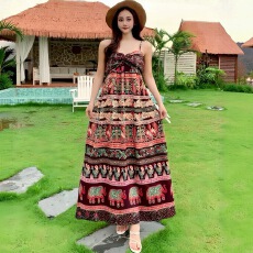 批发跨境夏季碎花拼接吊带裙<b class='q'>连衣</b>裙旅游人棉绸海边波西米亚度假<b class='q'>长裙</b>子