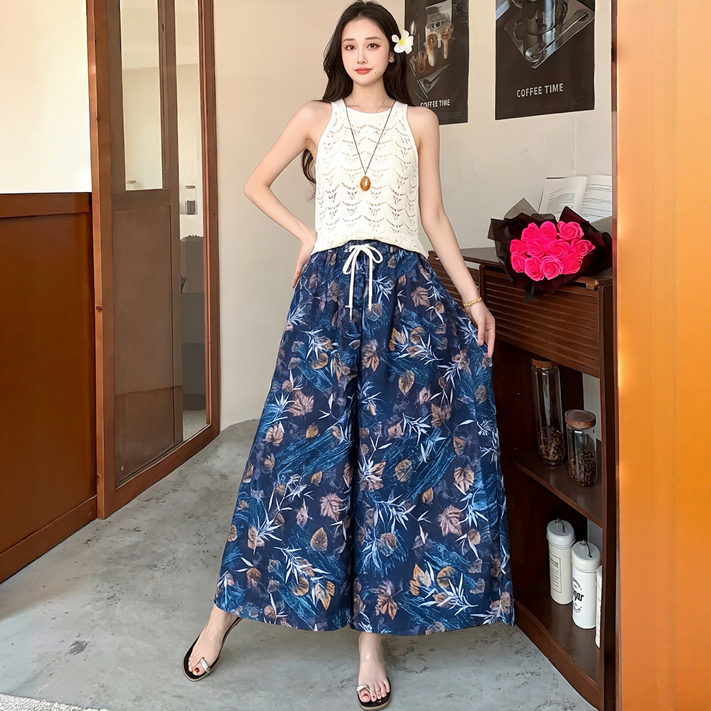 국경 간 여름 꽃무늬 면 린넨 보헤미안 민족 스타일 캐주얼 와이드 레그 팬츠 해변 빅 사이즈 임산부 슬림해 보이는 바지