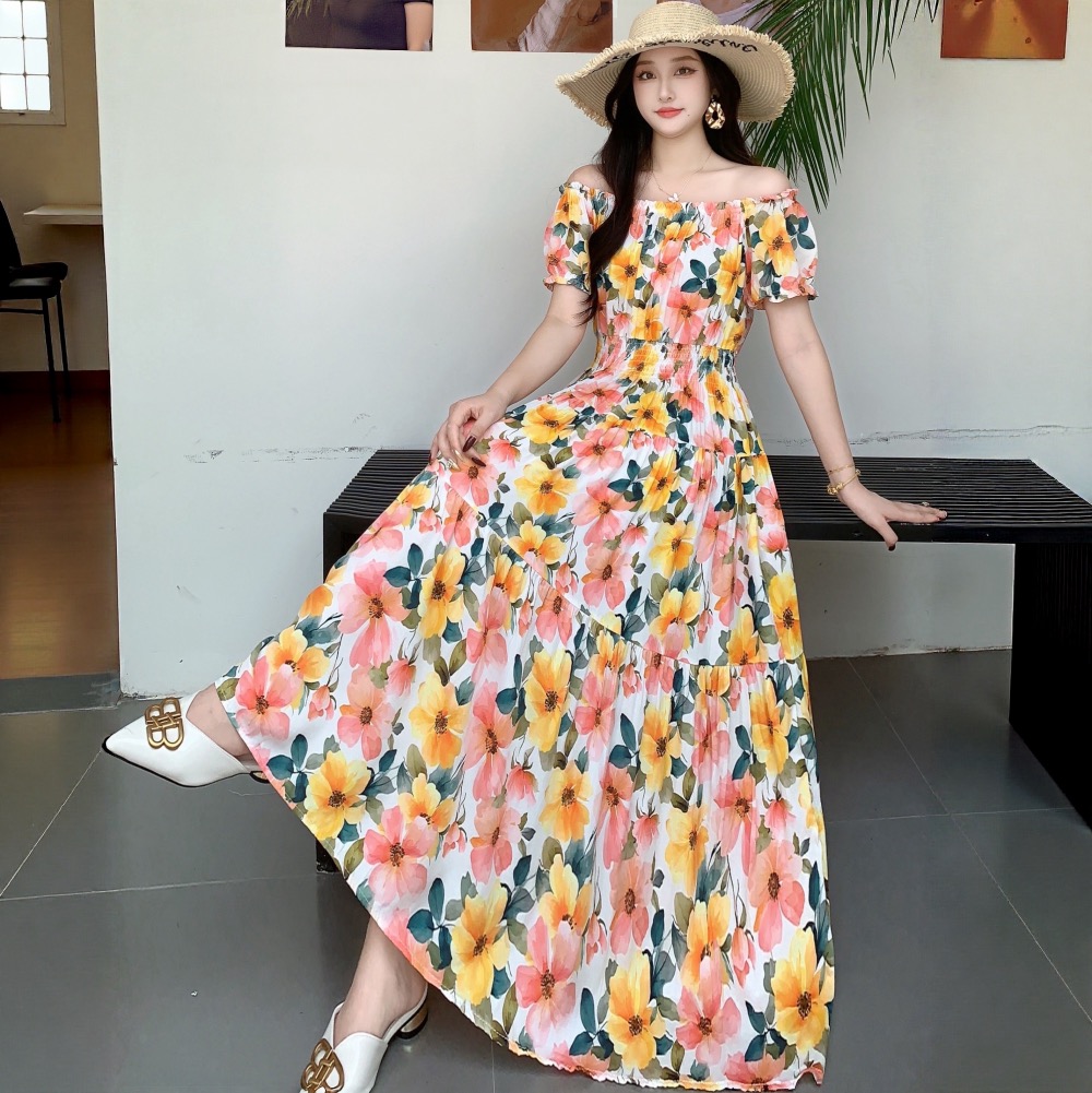 26 년 새로운 꽃 사람들 면 실크 꽃무늬 오프숄더 드레스 허리밴드 해변 치마 보헤미안 길다 치마