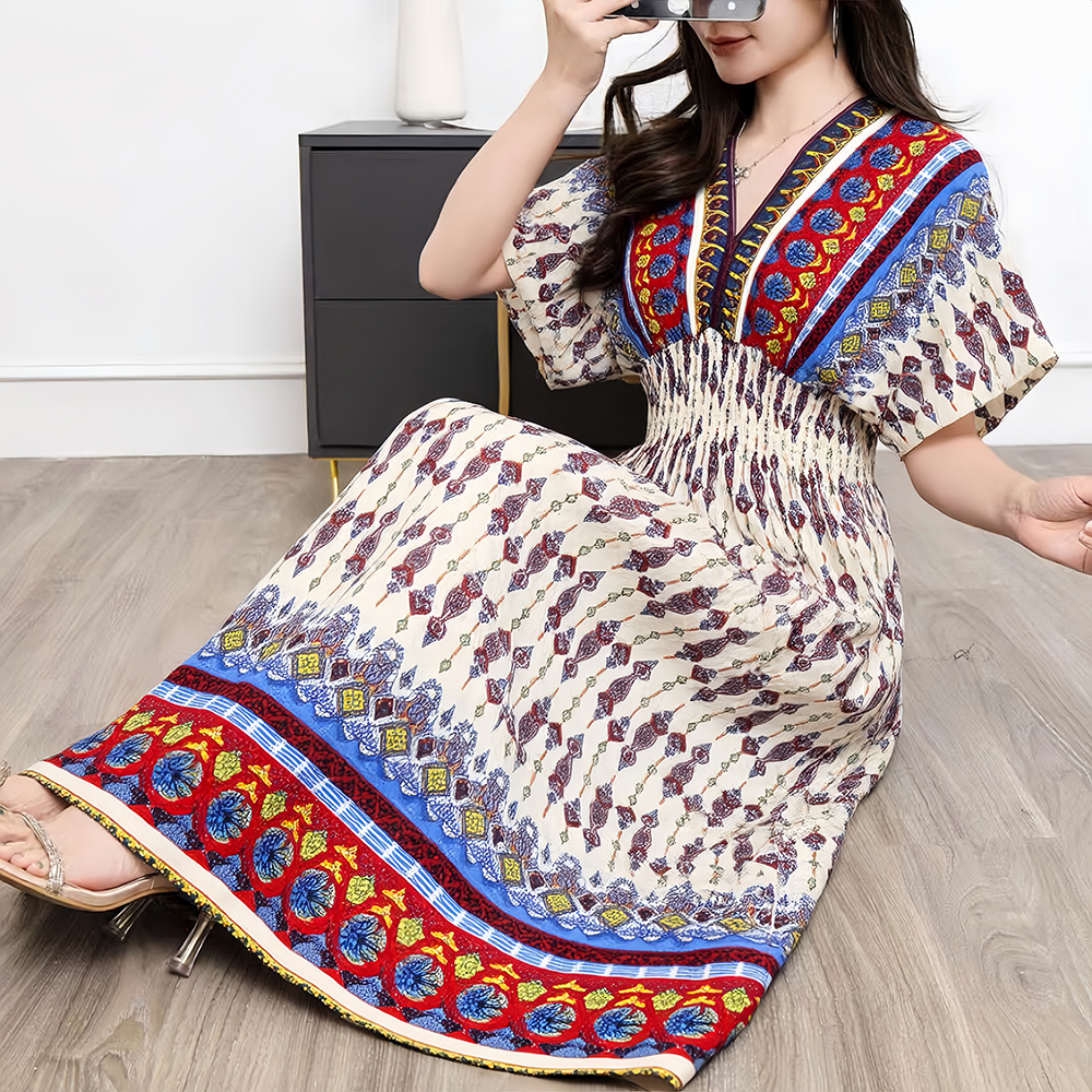 국경 간 보헤미안 민족 스타일 V넥 면 실크 5 점 소매 해변 드레스 여행 드레스 프린트 꽃무늬 치마