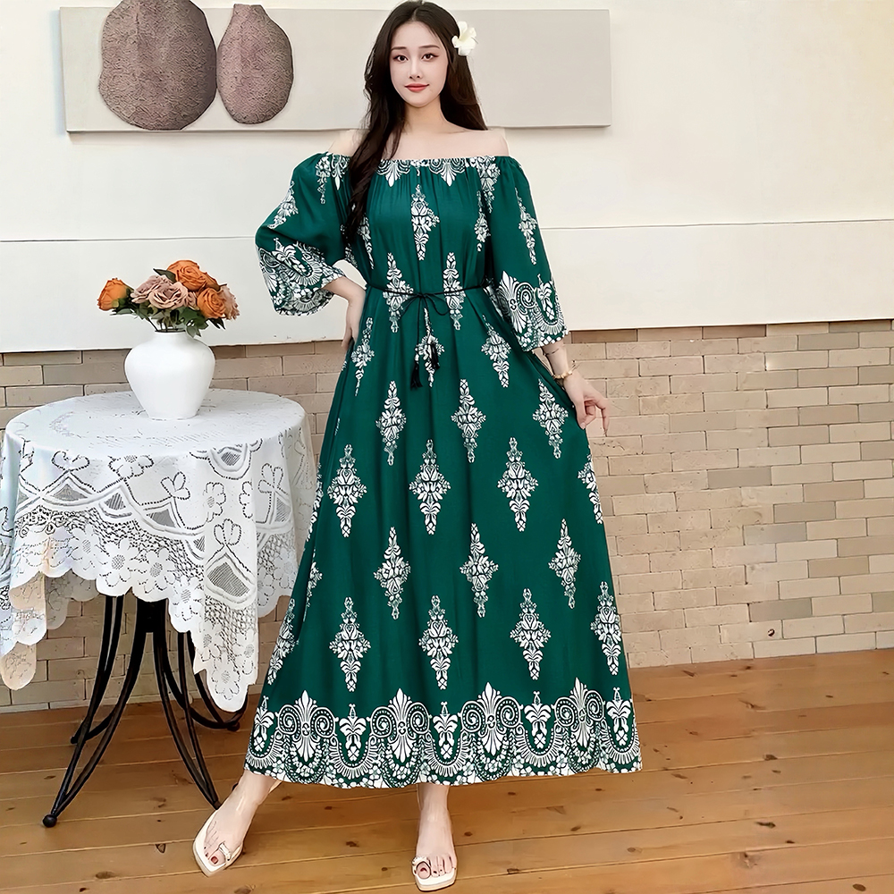 국경 간 보헤미안 사람들 면 실크 달콤함 오프숄더 라운드 넥 둘 착용 드레스 루즈핏 해변 치마 선물 벨트