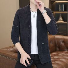 批发高端男士开衫纯色春秋潮款韩版时尚潮流针织休闲开衫男外套