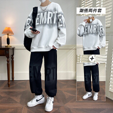 批发青少年印花卫衣套装男<b class='q'>春</b>秋季宽松搭配男孩休闲运动帅气两件套衣服