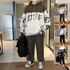 批发<b class='q'>春</b>秋拼色运动休闲套装潮流男百搭卫衣卫裤青年韩版宽松连帽两件套