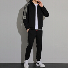 批发高品质棉条纹休闲运动套装男开衫卫衣男透气宽松跑步两件套